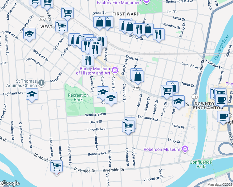 map of restaurants, bars, coffee shops, grocery stores, and more near 23 Cedar Street in Binghamton