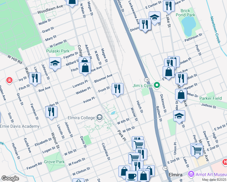 map of restaurants, bars, coffee shops, grocery stores, and more near 916 North Main Street in Elmira