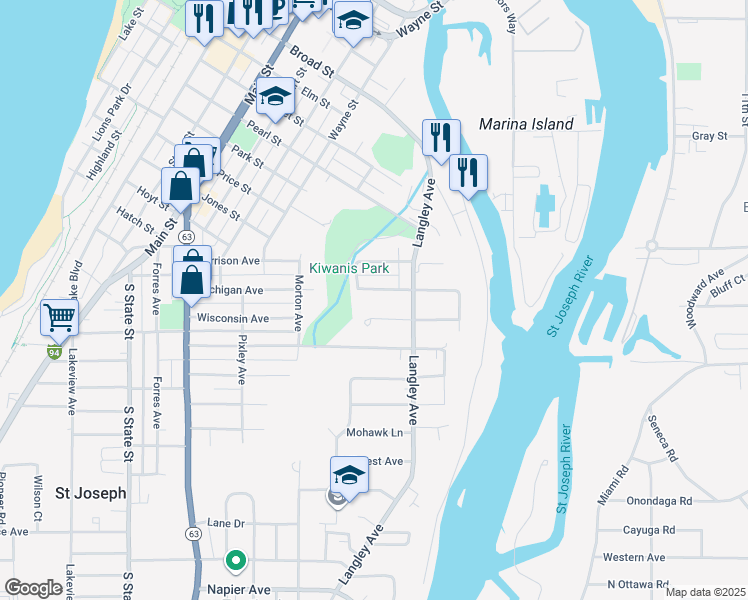 map of restaurants, bars, coffee shops, grocery stores, and more near 1301 Michigan Avenue in St. Joseph