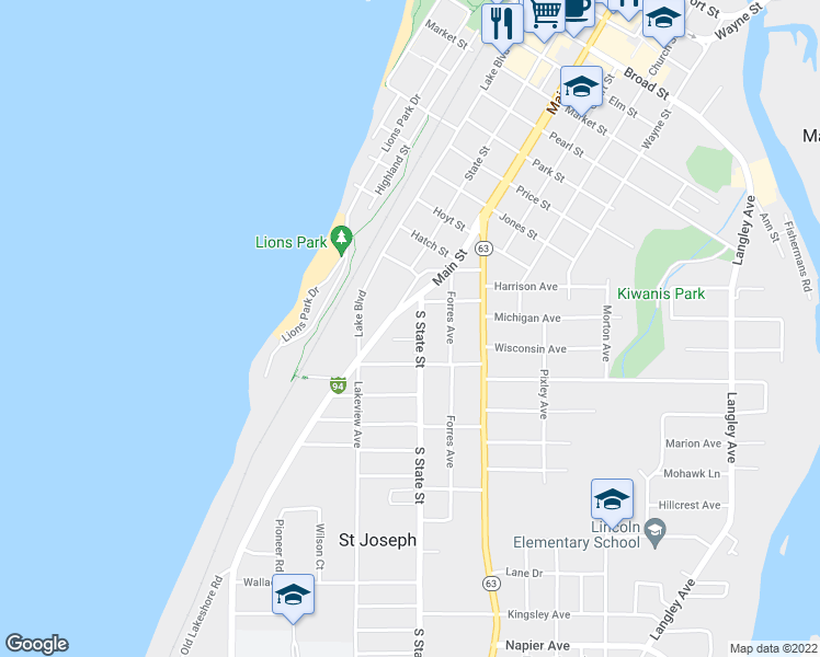 map of restaurants, bars, coffee shops, grocery stores, and more near 1406 South State Street in St. Joseph