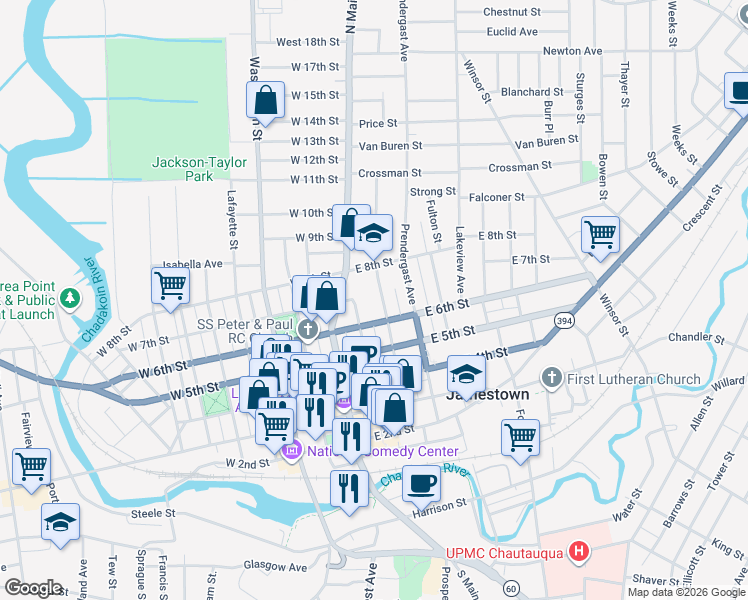 map of restaurants, bars, coffee shops, grocery stores, and more near 50 East 8th Street in Jamestown