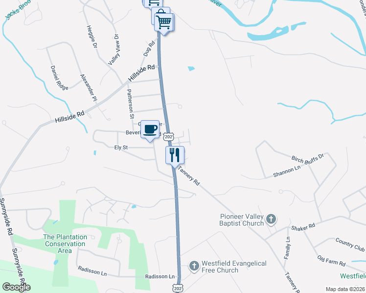 map of restaurants, bars, coffee shops, grocery stores, and more near 342 Southwick Road in Westfield