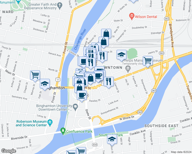 map of restaurants, bars, coffee shops, grocery stores, and more near 41 Chenango Street in Binghamton