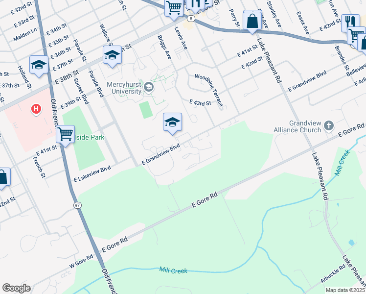 map of restaurants, bars, coffee shops, grocery stores, and more near 535 East Grandview Boulevard in Erie
