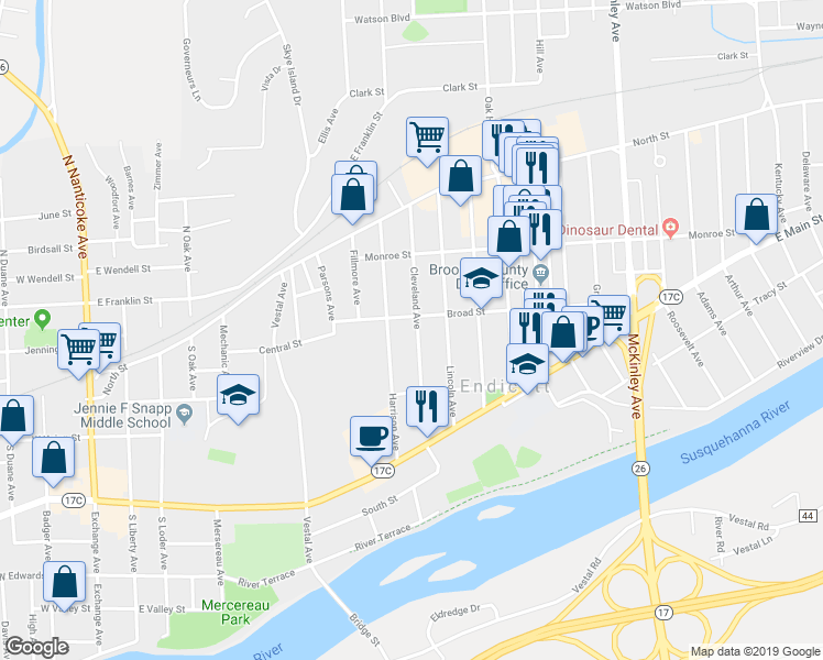map of restaurants, bars, coffee shops, grocery stores, and more near 202 Cleveland Avenue in Endicott