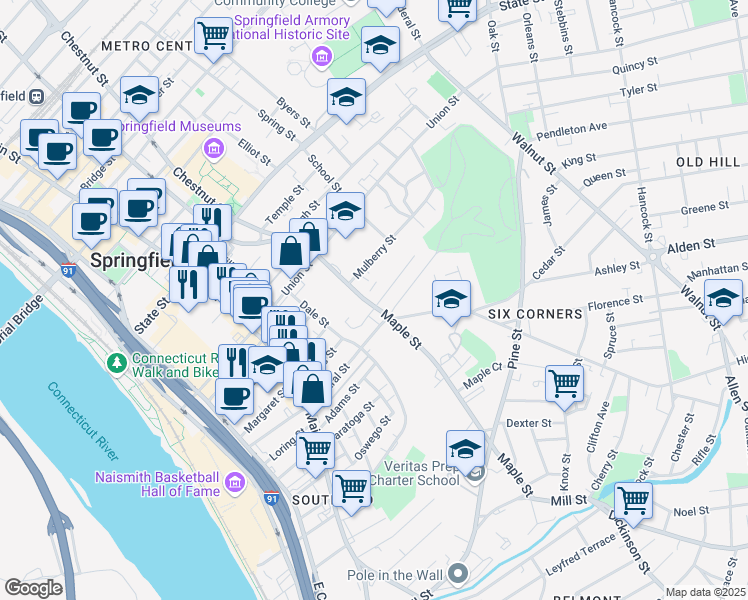 map of restaurants, bars, coffee shops, grocery stores, and more near 155 Maple Street in Springfield