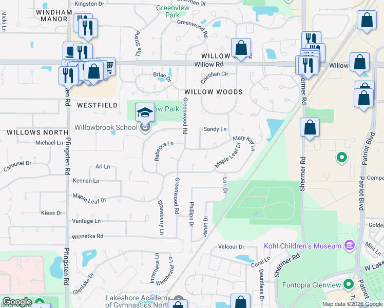 map of restaurants, bars, coffee shops, grocery stores, and more near 3226 Mary Kay Lane in Glenview