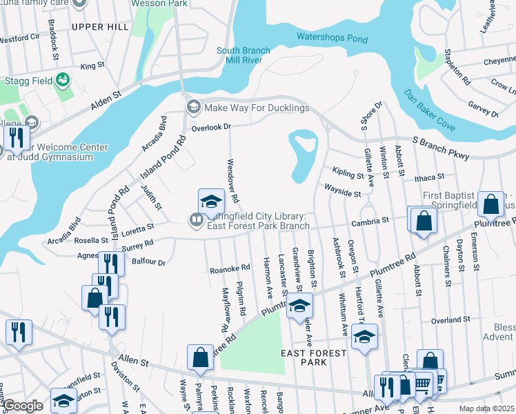 map of restaurants, bars, coffee shops, grocery stores, and more near 260 Surrey Road in Springfield