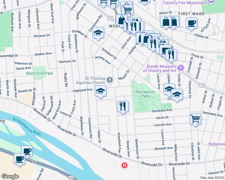 map of restaurants, bars, coffee shops, grocery stores, and more near 26 Highland Avenue in Binghamton