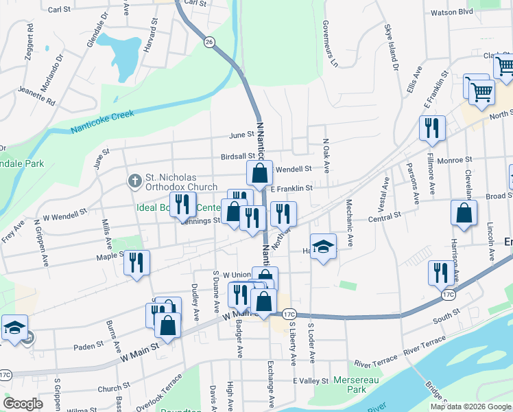 map of restaurants, bars, coffee shops, grocery stores, and more near 209 North Nanticoke Avenue in Endicott