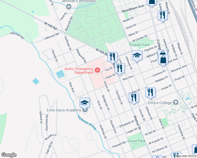 map of restaurants, bars, coffee shops, grocery stores, and more near 600 Roe Avenue in Elmira