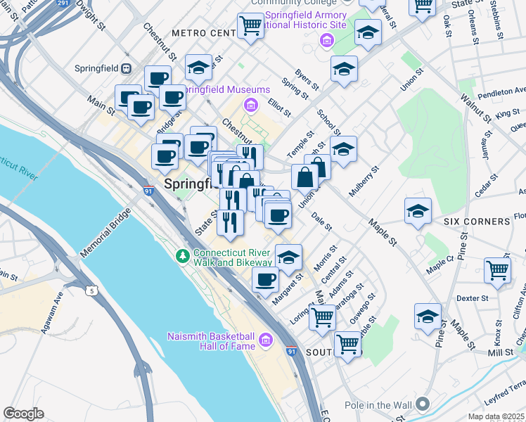 map of restaurants, bars, coffee shops, grocery stores, and more near in Springfield