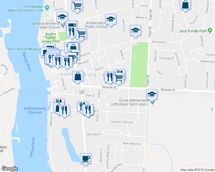 map of restaurants, bars, coffee shops, grocery stores, and more near 236 Simcoe Street in Amherstburg