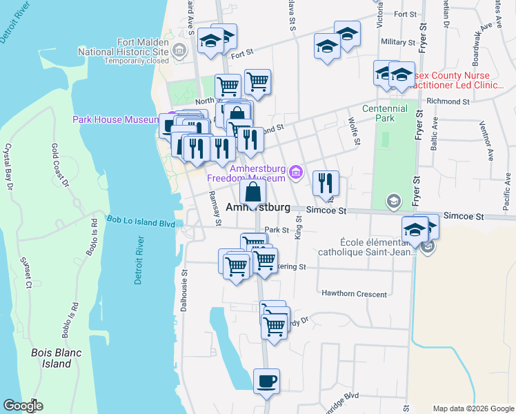 map of restaurants, bars, coffee shops, grocery stores, and more near in Amherstburg