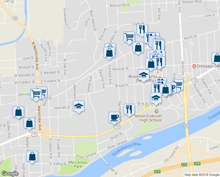 map of restaurants, bars, coffee shops, grocery stores, and more near 608 Broad Street in Endicott