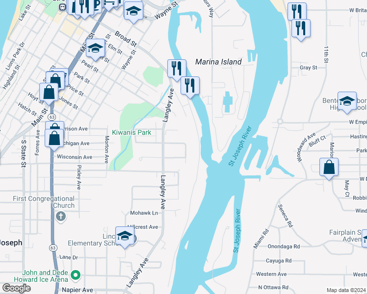 map of restaurants, bars, coffee shops, grocery stores, and more near 1424 Michigan Avenue in St. Joseph