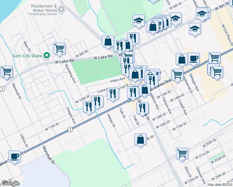 map of restaurants, bars, coffee shops, grocery stores, and more near 2949 West 11th Street in Erie