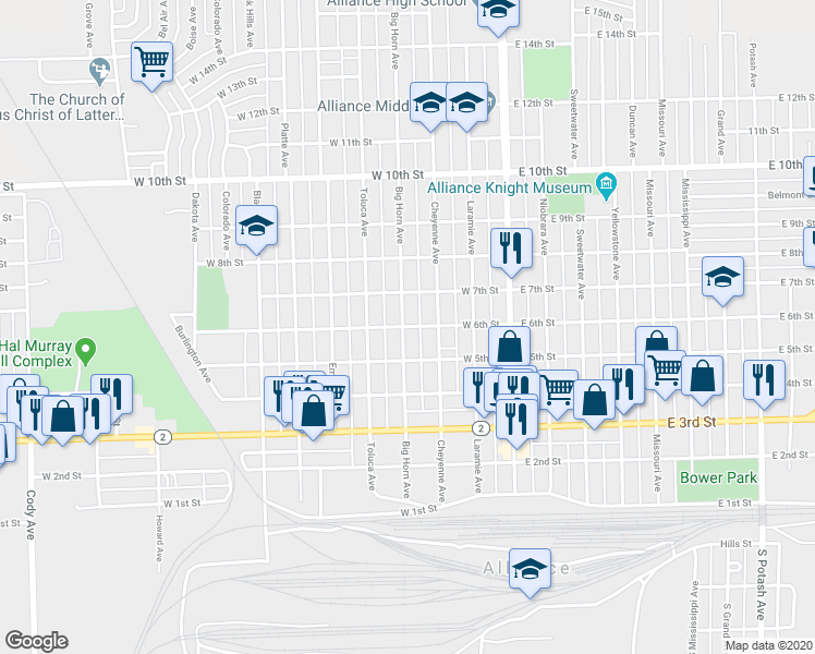 map of restaurants, bars, coffee shops, grocery stores, and more near 601 Big Horn Avenue in Alliance