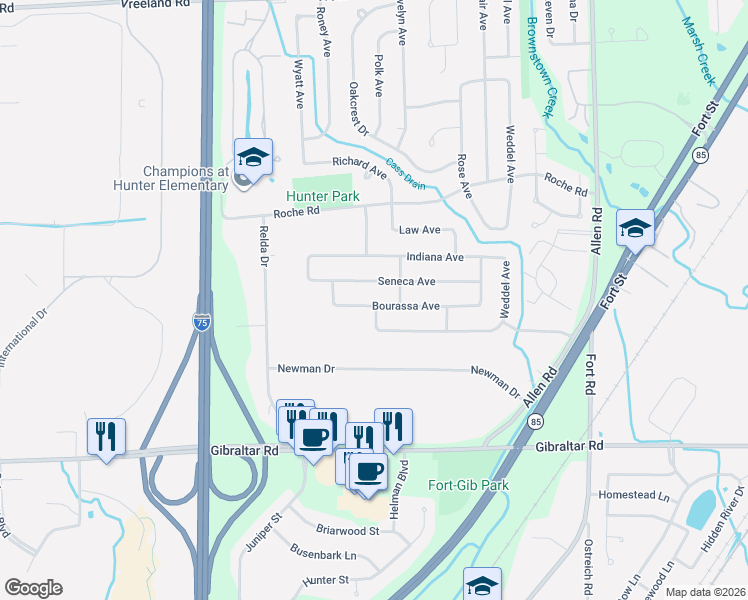 map of restaurants, bars, coffee shops, grocery stores, and more near 20827 Seneca Avenue in Brownstown Charter Township