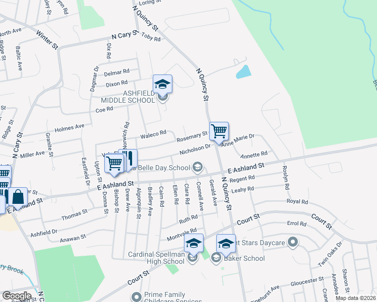 map of restaurants, bars, coffee shops, grocery stores, and more near 47 Nicholson Drive in Brockton