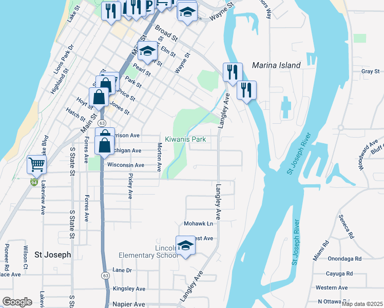 map of restaurants, bars, coffee shops, grocery stores, and more near 1304 Michigan Avenue in Saint Joseph