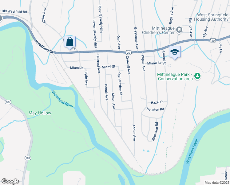 map of restaurants, bars, coffee shops, grocery stores, and more near 59 Almon Avenue in West Springfield
