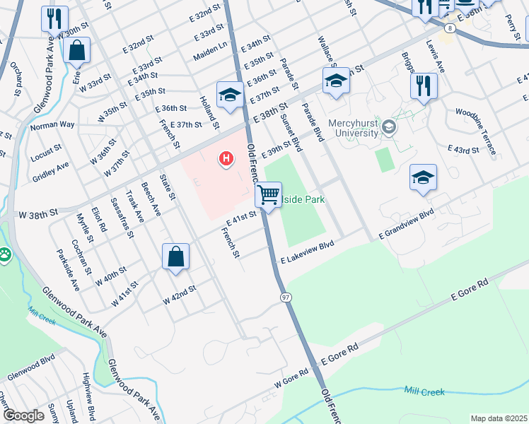 map of restaurants, bars, coffee shops, grocery stores, and more near 4098 Old French Road in Erie