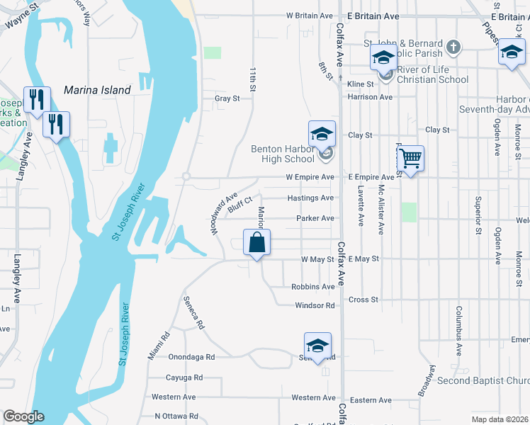 map of restaurants, bars, coffee shops, grocery stores, and more near 266 Hastings Avenue in Benton Harbor