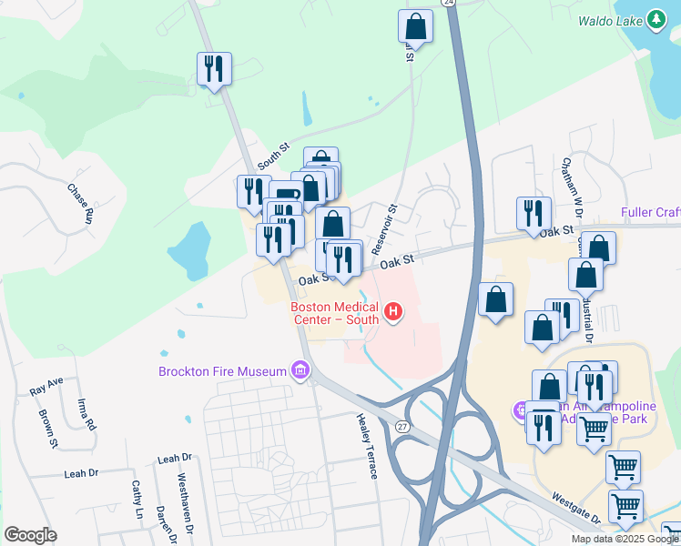 map of restaurants, bars, coffee shops, grocery stores, and more near 30 Oak Street Extension in Brockton