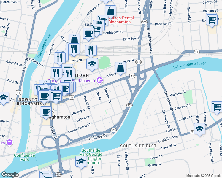 map of restaurants, bars, coffee shops, grocery stores, and more near in Binghamton