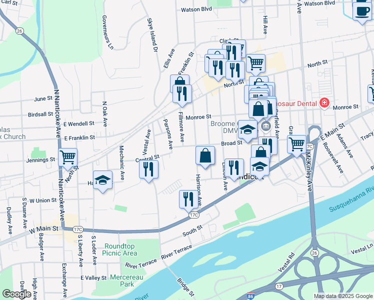 map of restaurants, bars, coffee shops, grocery stores, and more near 707 Broad Street in Endicott