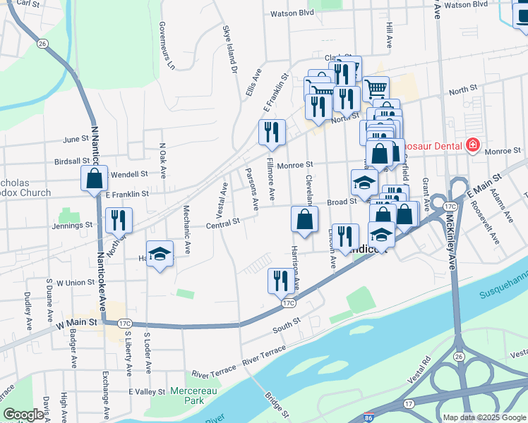 map of restaurants, bars, coffee shops, grocery stores, and more near 109-111 Parsons Avenue in Endicott