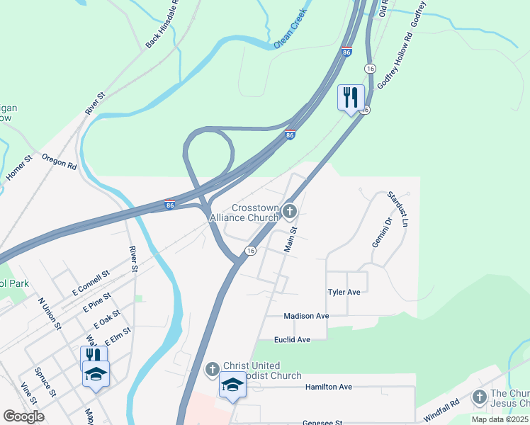 map of restaurants, bars, coffee shops, grocery stores, and more near 230 Delevan Avenue in Olean