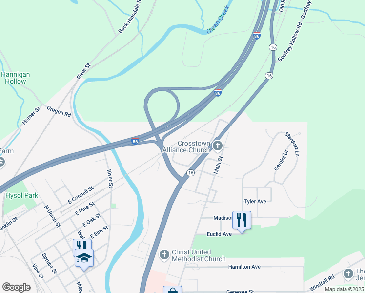 map of restaurants, bars, coffee shops, grocery stores, and more near 1519 Rose in Olean