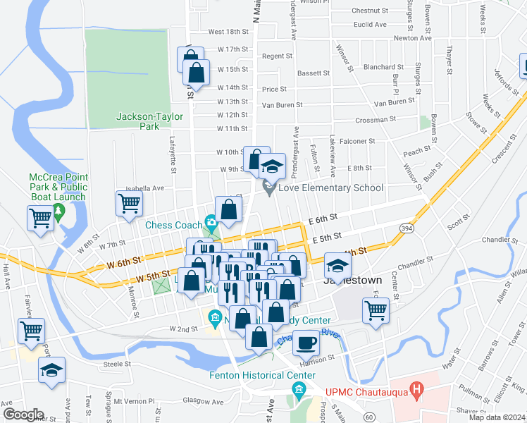 map of restaurants, bars, coffee shops, grocery stores, and more near 50 East 8th Street in Jamestown