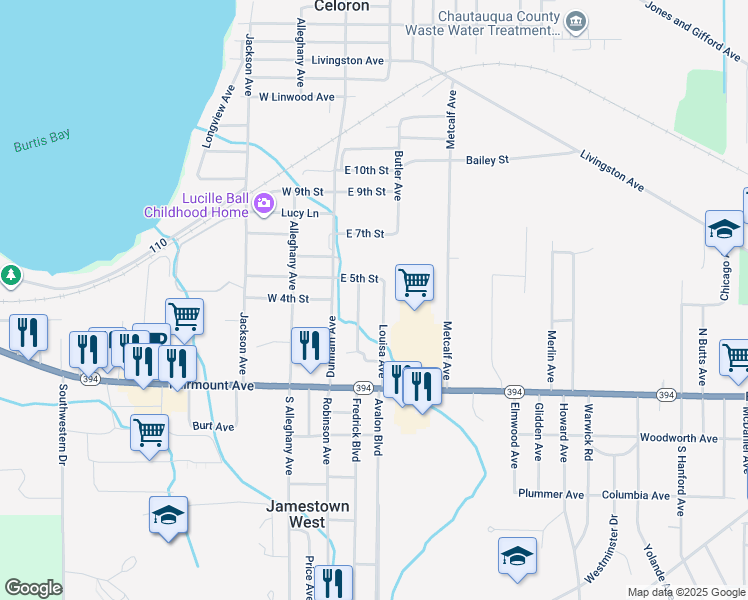 map of restaurants, bars, coffee shops, grocery stores, and more near 86 Louisa Avenue in Jamestown