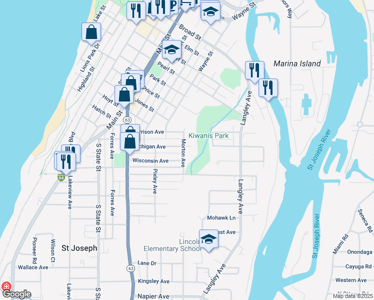 map of restaurants, bars, coffee shops, grocery stores, and more near 1019 Michigan Avenue in St. Joseph