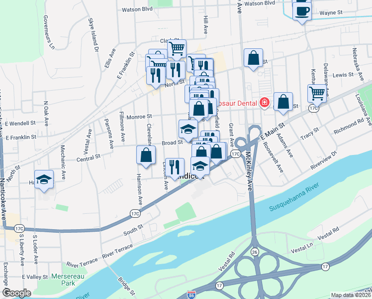 map of restaurants, bars, coffee shops, grocery stores, and more near 1106 Broad Street in Endicott
