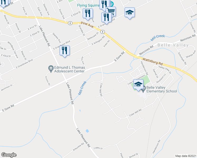 map of restaurants, bars, coffee shops, grocery stores, and more near 1126 Apple Tree Lane in Erie