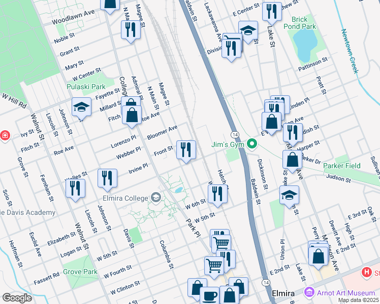 map of restaurants, bars, coffee shops, grocery stores, and more near 910 Magee Street in Elmira