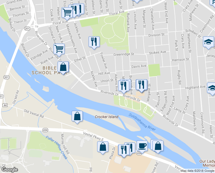 map of restaurants, bars, coffee shops, grocery stores, and more near 4 Sanford Street in Johnson City