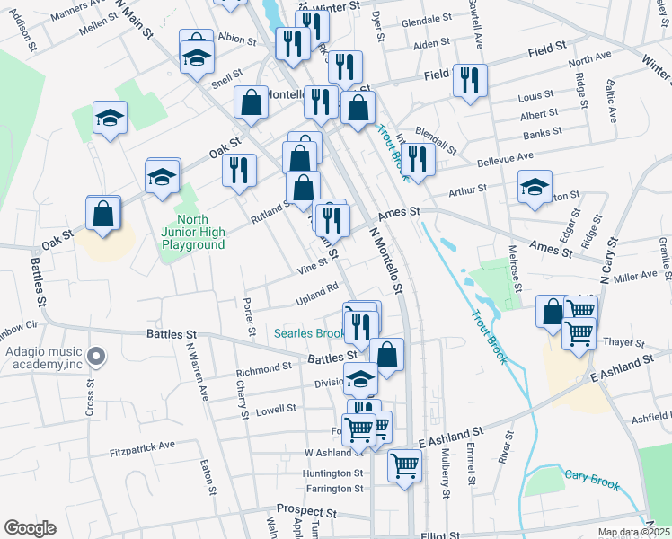 map of restaurants, bars, coffee shops, grocery stores, and more near 671 North Main Street in Brockton