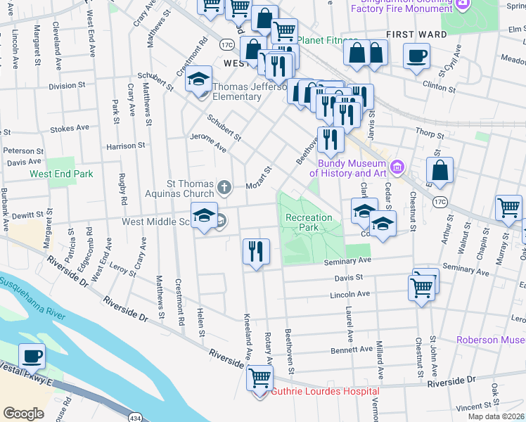 map of restaurants, bars, coffee shops, grocery stores, and more near 2 Highland Avenue in Binghamton