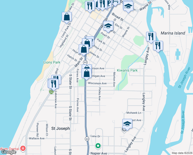 map of restaurants, bars, coffee shops, grocery stores, and more near 906 Michigan Avenue in St. Joseph