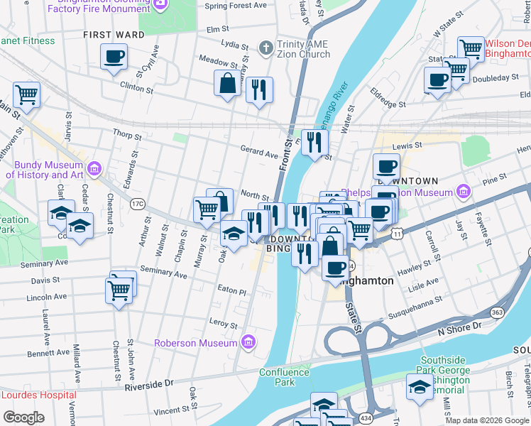 map of restaurants, bars, coffee shops, grocery stores, and more near 5 North Street in Binghamton
