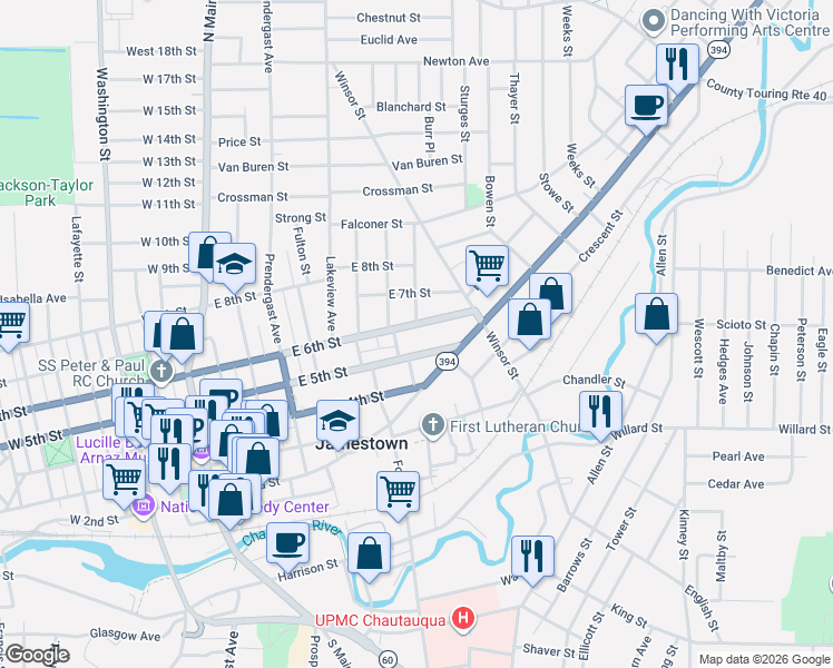 map of restaurants, bars, coffee shops, grocery stores, and more near 620 East 6th Street in Jamestown