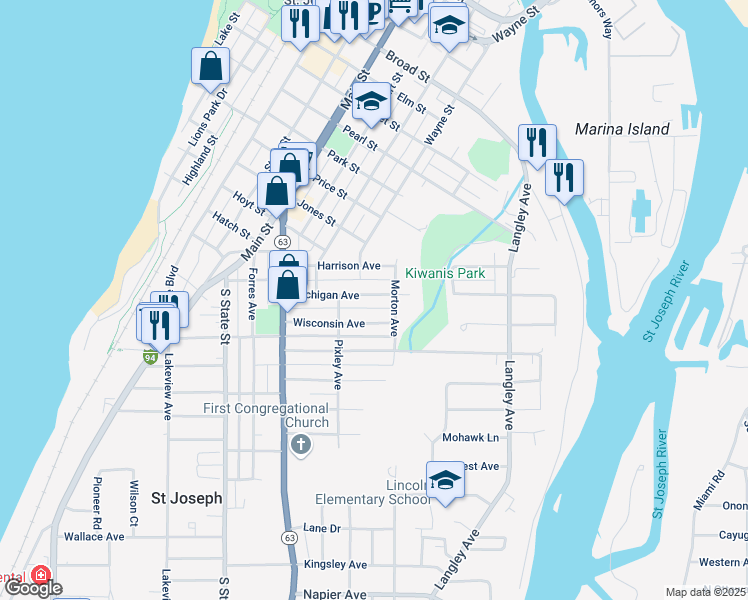 map of restaurants, bars, coffee shops, grocery stores, and more near 1014 Michigan Avenue in St. Joseph