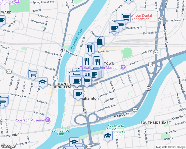 map of restaurants, bars, coffee shops, grocery stores, and more near in Binghamton