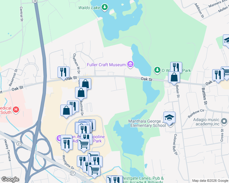 map of restaurants, bars, coffee shops, grocery stores, and more near 113 Oak Lane in Brockton