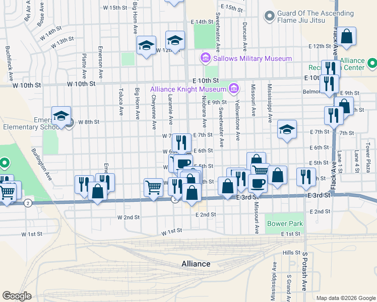 map of restaurants, bars, coffee shops, grocery stores, and more near 100 West 6th Street in Alliance